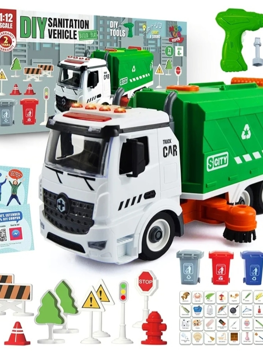 DIY Sanitation Truck Toy - Green & White Garbage Vehicle 71 PCS 4 yrs +